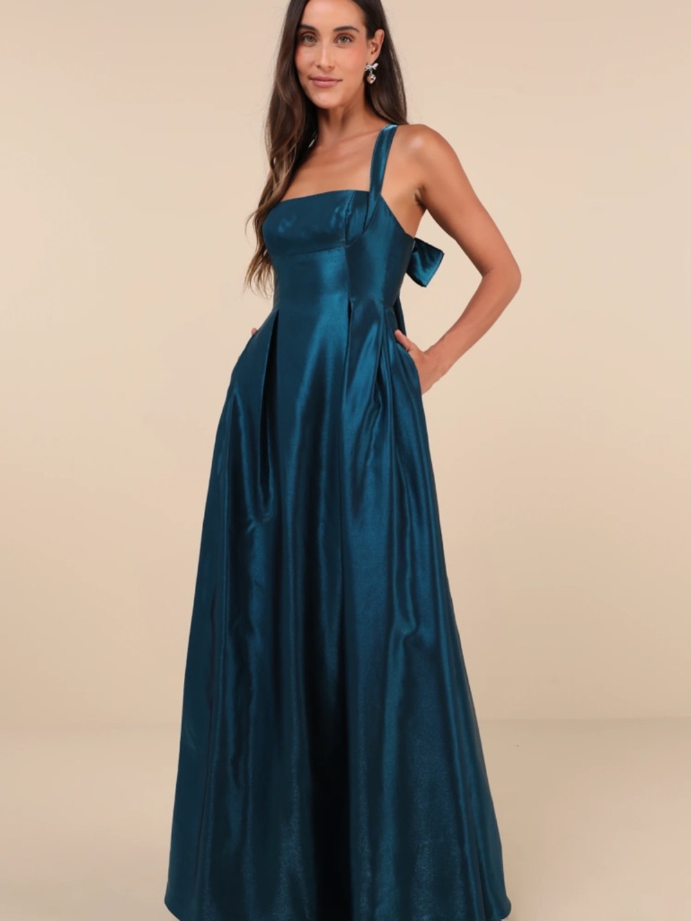 New Lulus Immaculate Aura Teal Satin  Evening Gown with Bow Back Sz Medium